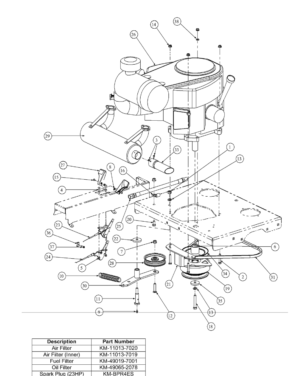Kawasaki Engine Assembly Diagram and Parts List for M54-KW 53BB5DBW750-23-HP Cub Cadet Lawn Tractor